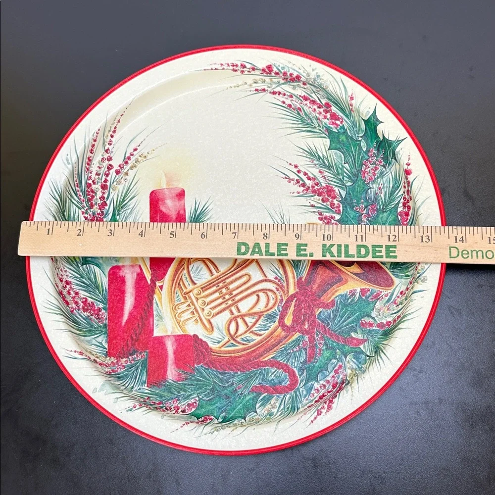 Vtg 90's Prettique Joyeux Noel Christmas Metal Round Tray Candles‎ French Horn